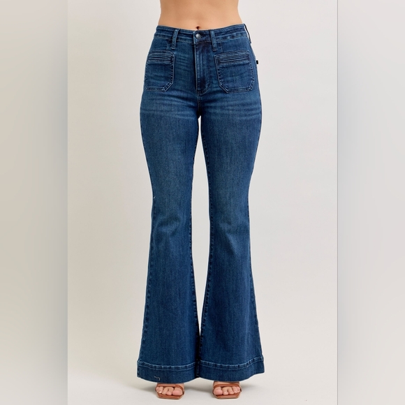 Judy Blue HR Dark Wash Classic Flare Jeans Welt Pockets Trouser Various NEW - Picture 2 of 9